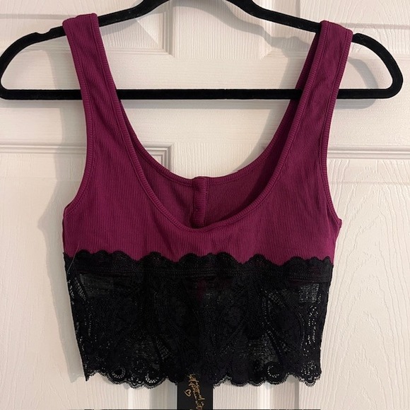 Beach Bunny Anise Tank Top Lace Trim Button‎ Front Ribbed Cropped Purple Small - Picture 3 of 6